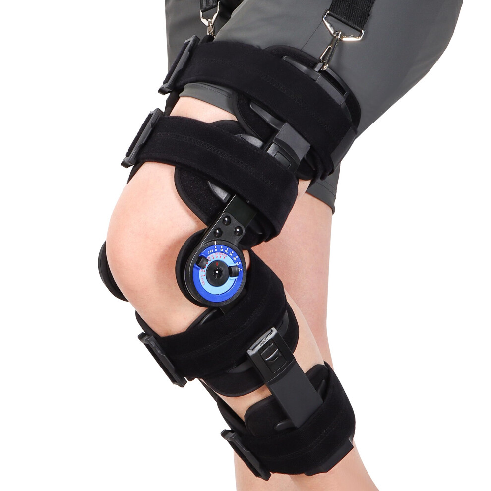 Blue Hinged Knee Brace With Adjustable Hinge Support For Acl Mcl Pcl Post Op Recovery And Stabilization