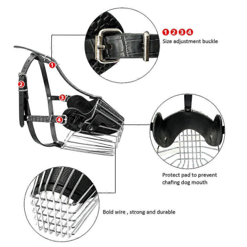 (Black, S) Large Dog Muzzle Leather Metal Wire Basket Adjustable for Pitbull German Shepherd 2