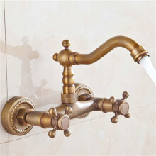 Antique Brass Basin Mixer Faucet with Swivel Spout, Wall Mounted Hot and Cold Water Tap for Bathroom Sink