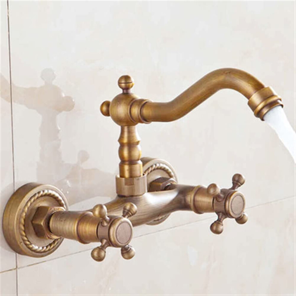 Antique Brass Basin Mixer Faucet With Swivel Spout, Wall Mounted Hot And Cold Water Tap For Bathroom Sink 9174973778035