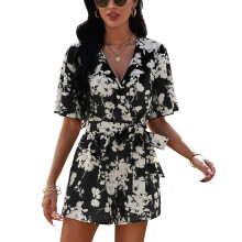 Casual Romper För Dam Sommar Sexig V-ringad Knit Fram Kort Jumpsuit Med Volanger Nedanför Resår i Midjan Stretchigt Tyg Blommigt Tryck Andningsbart