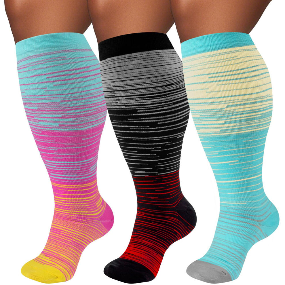 Plus Size Wide Calf Compression Socks 3 Pairs 2030 mmHg Knee  Support for Travel Running Nurses