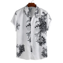 Trendy sommerskjorter til mænd, unikke mønstrede skjorter med korte ærmer, knaplukning med retro-blækmaling og blomsterdesign, moderigtig og