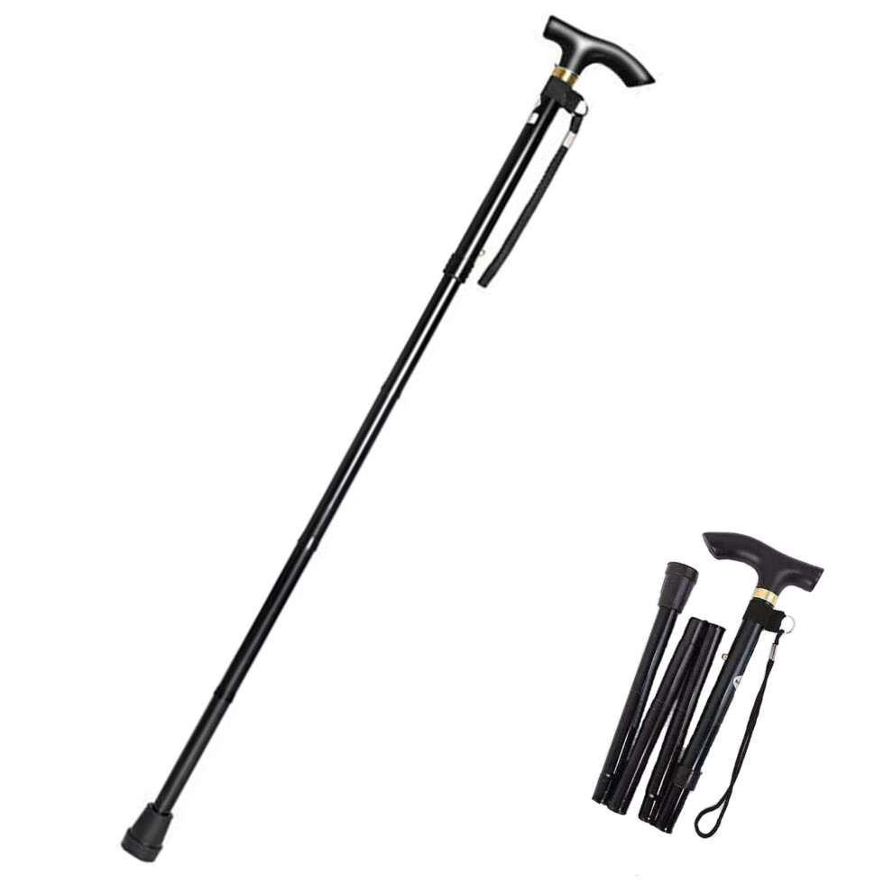 Black Folding Walking Cane For Seniors, Adjustable Height Aluminum Walking Stick With Ergonomic Grip,