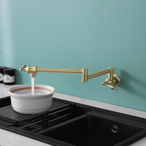 Pot Filler Wall Mount Kitchen Faucet with Folding Swing Arm Double Handle Solid Brass 1