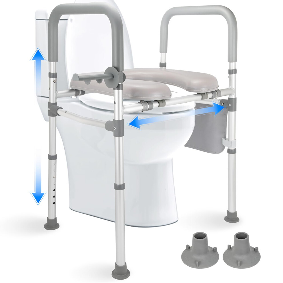 Grey Raised Toilet Seat With Arms, Adjustable Height And Width, Extra Wide Cushioned Seat, 400Lb Capacity
