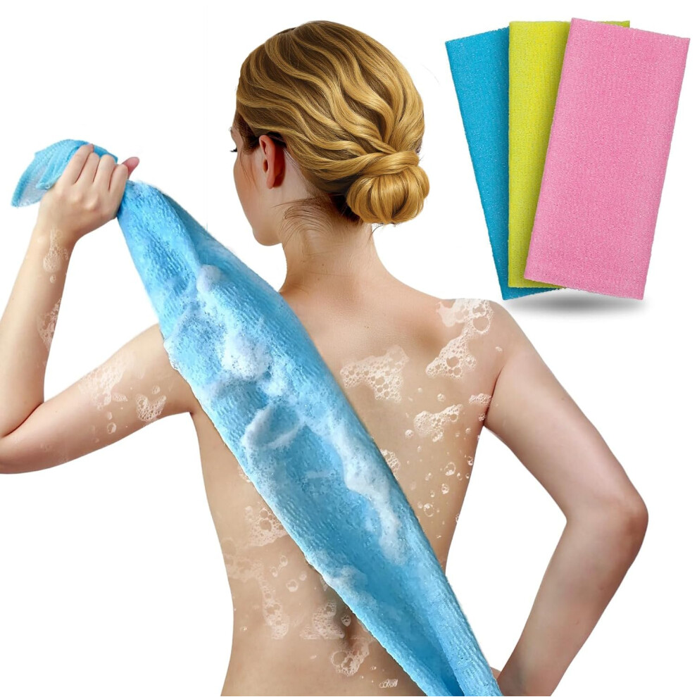 Exfoliating Back Scrubber Long Bath Washcloth for Shower Body Cleansing Loofah Towel 3 Pack