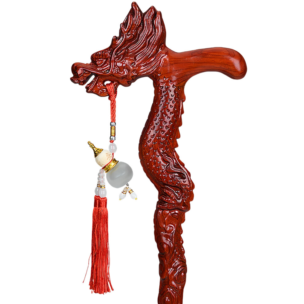 Walking Stick with Handcarved Dragon Head, Mahogany Wooden Cane for Elderly Support, 36.6in Adjustable