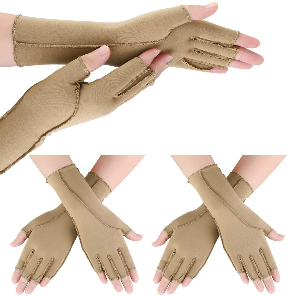 3 Pairs Nude Large Arthritis Compression Gloves for Women and Men, Fingerless Pain Relief