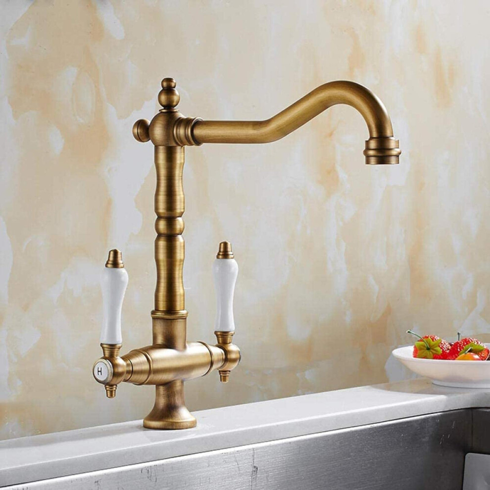 Dual Handle Kitchen Sink Faucet Antique Bronze Deck Mount Mixer Tap For Hot Cold Water 9053599268246