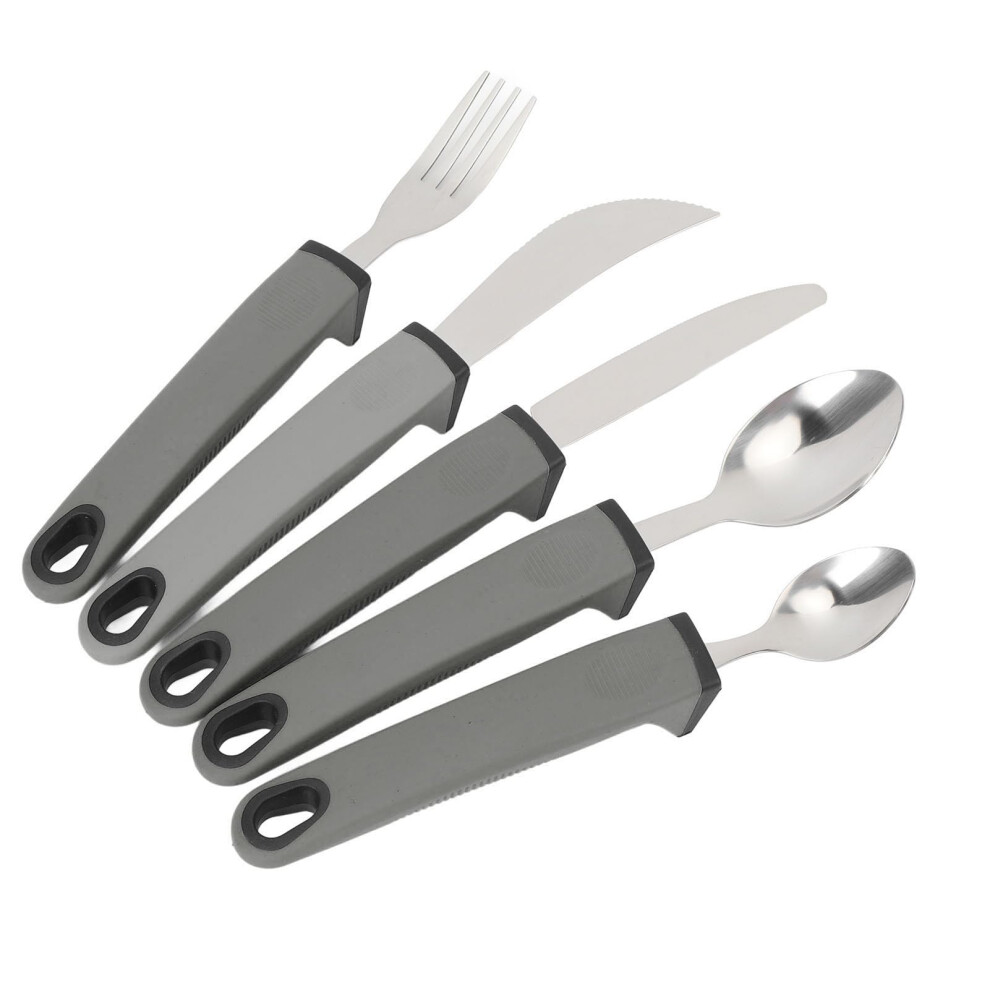 Grey 5Pcs Stainless Steel Adaptive Utensils For Elderly With Weighted Nonslip Grip, Cutlery Set