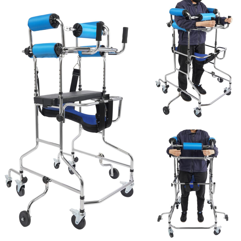 Adult Standing Walker with Seat for Seniors, Adjustable Height and Width, 8Wheel Stability, Brakes