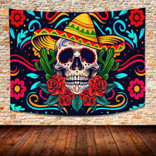 Psychedelic Skull Tapestry 80x60 Mexican Sugar Skull Floral Cactus Peach Skin Fabric Wall Art
