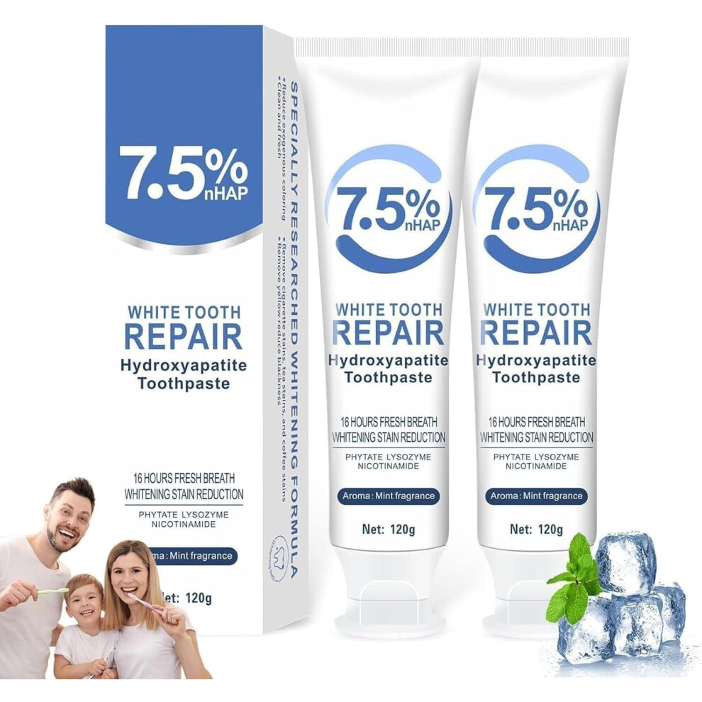 Hydroxyapatite Toothpaste 7.5% 2pcs for Sensitive Teeth and Enamel Protection, Gentle Mint Fresh Breath