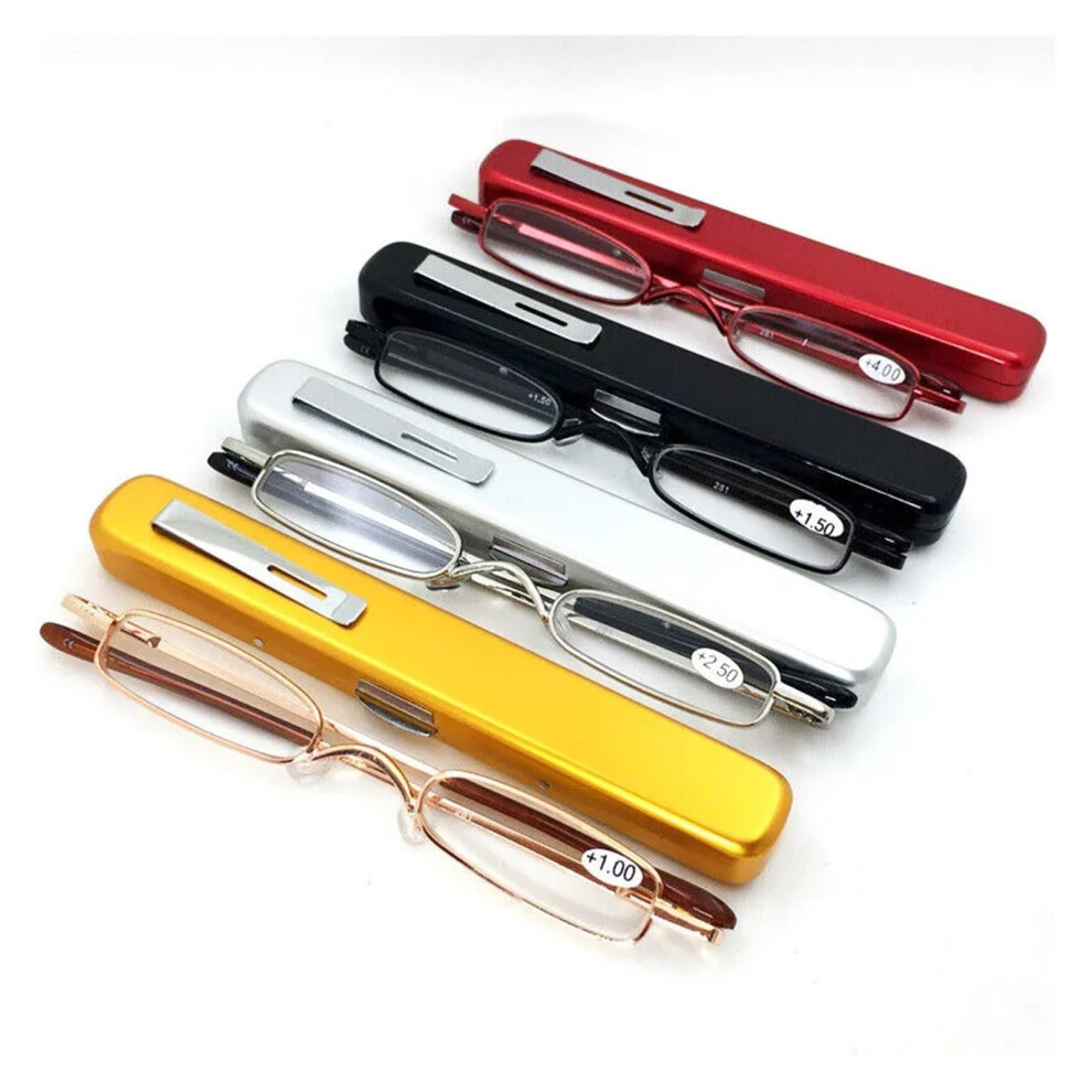 Black Unisex Pocket Reading Glasses +2.0 Diopter Slim Metal Frame With Protective Pen Tube Case