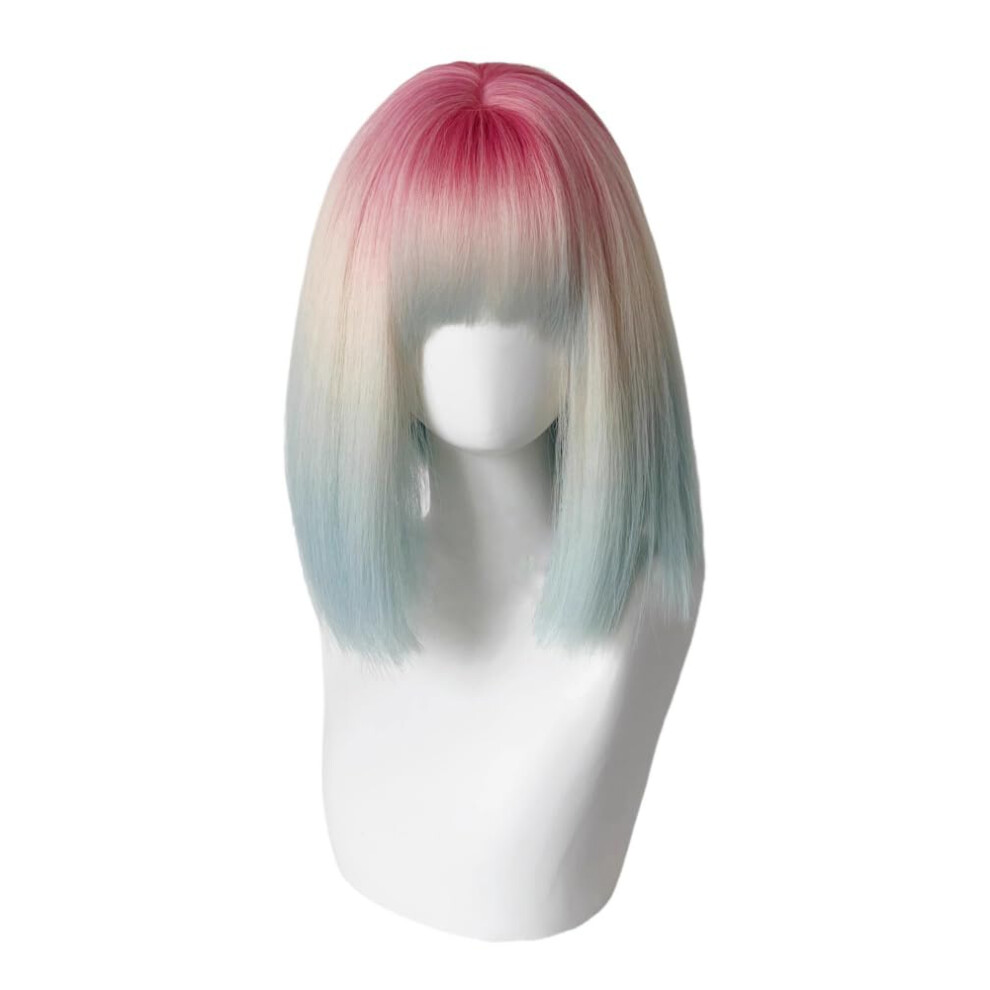 Unisex Pink,Green Pink Green Gradient Synthetic Bob Wig With Bangs, Heat Resistant Lolita Cosplay Hair