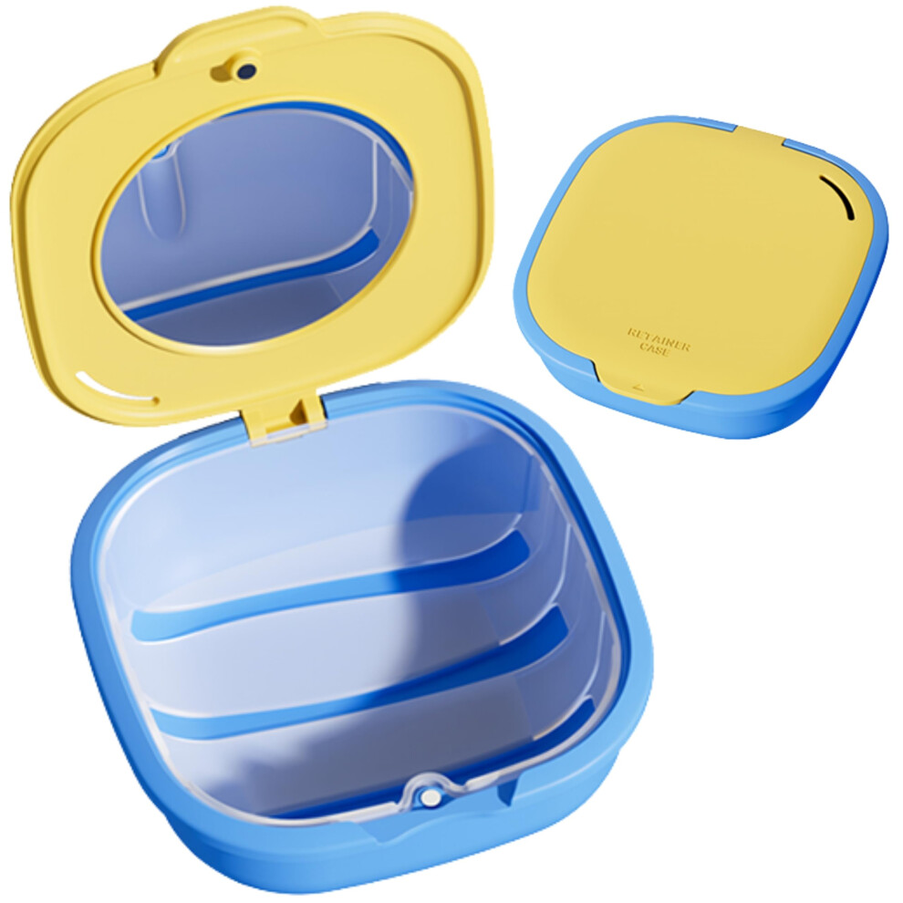 Yellow/Blue Retainer Case With Mirror And Vent Holes, Slim Aligner Case With Magnetic Closure Compatible With Invisalign, And Royal