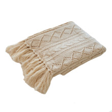 Beige Cable Knit Throw Blankets with Fringe Tassels, Neutral Texture Vibe Decorative Blanket, Machine Washable, Diamond Twist Pattern Blankets