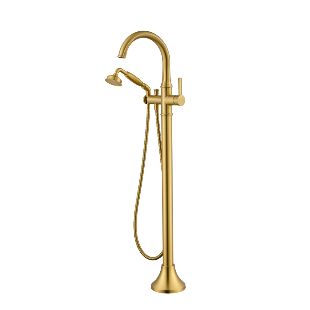 Freestanding Tub Faucet Brushed Gold Brass Floor Mounted Filler With 360 Swivel Spout And Hand Shower 9174973796169