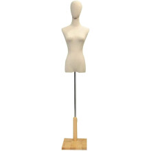 Female Dress Mannequin Torso Adjustable Height Linen Cover with Wooden Base for Sewing and Display