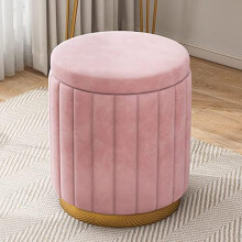Velvet Ottoman Storage Stool with Gold Base, Large Round Footrest Chair for Bedroom Decor, Pink