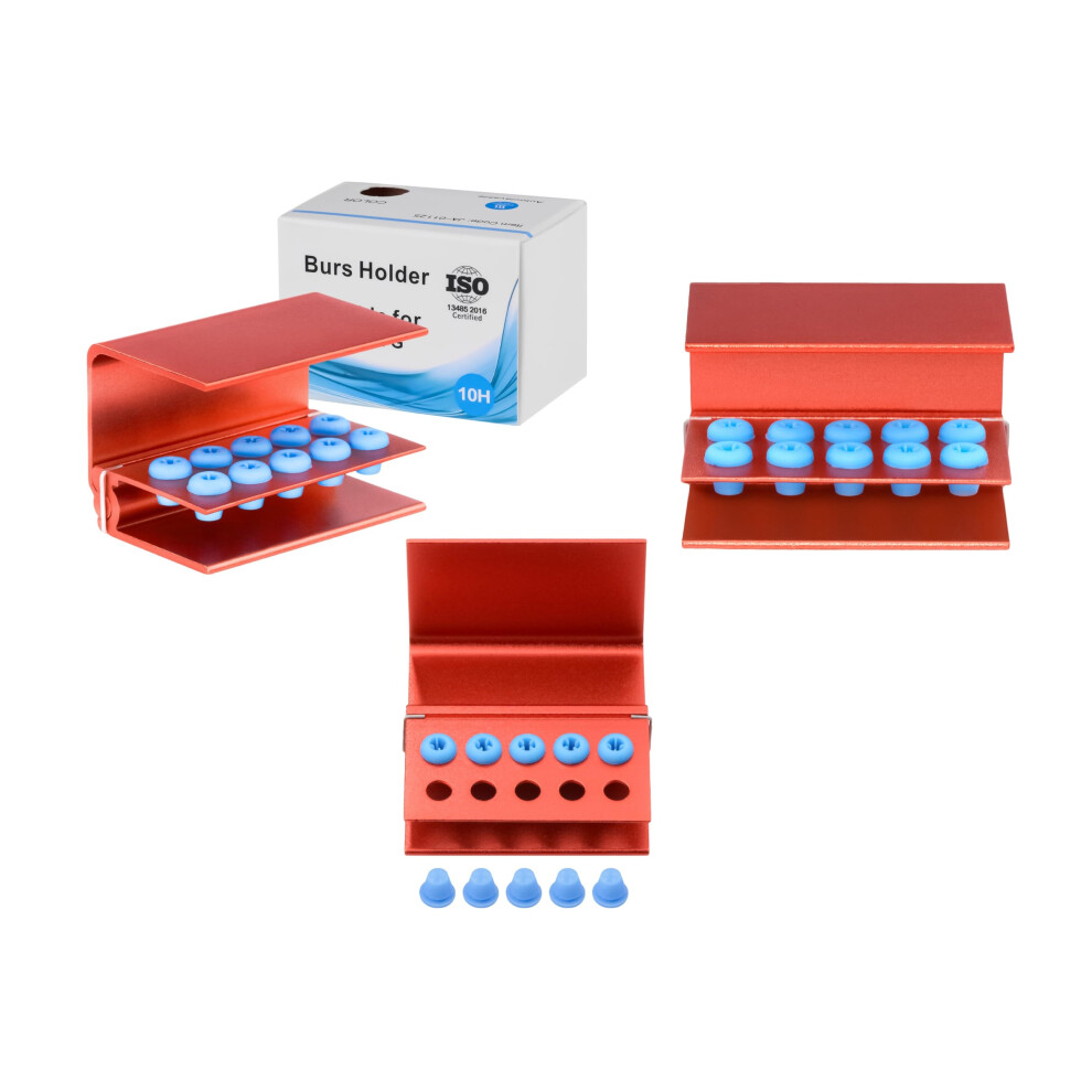 Dental Bur Block Red Aluminum 10Hole Autoclavable Holder with Secure SnapOn Lid 3PCS