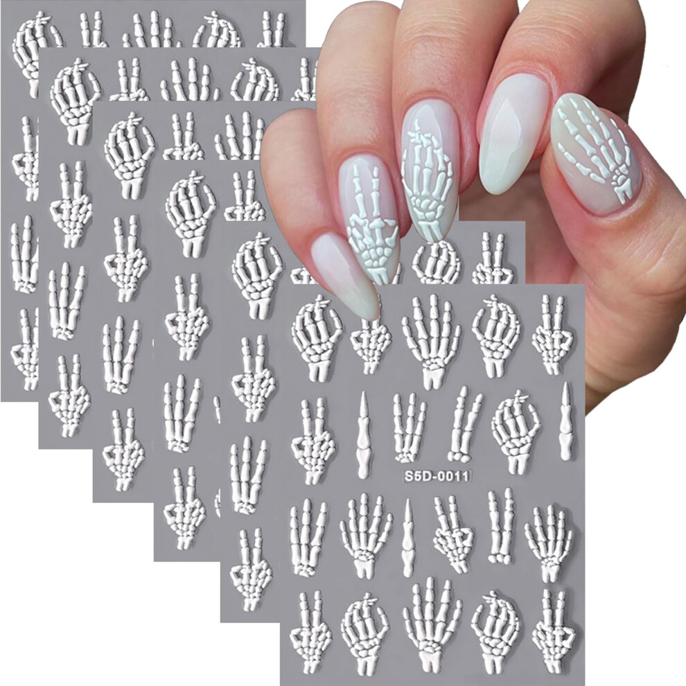 Halloween Nail Stickers 5D Embossed Skeleton and Skull SelfAdhesive Decals, 6 Sheets for Women
