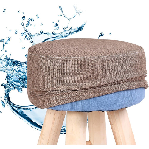 Round Linen Upholstered Footrest Stool with Solid Wood Legs, Decorative Side Table Seat, Orange, 40cm 2