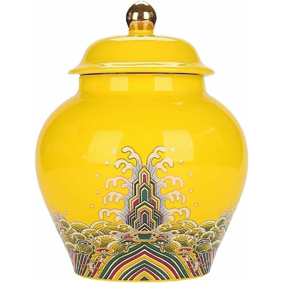 Chinese Ginger Jar with Lid, Vintage Floral Porcelain Temple Vase, Elegant Yellow Home Decor