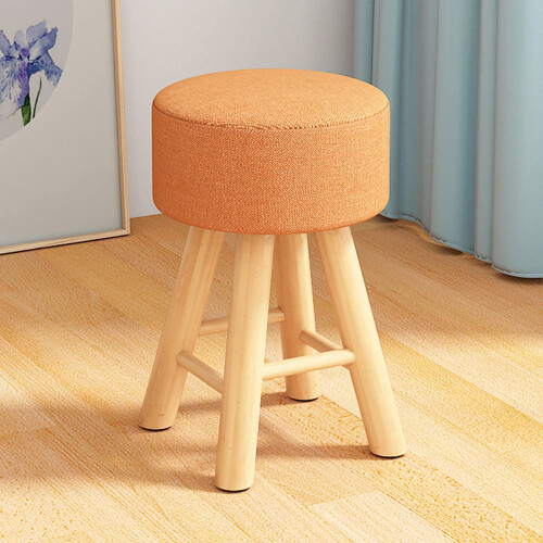 Round Linen Upholstered Footrest Stool with Solid Wood Legs, Decorative Side Table Seat, Orange, 40cm