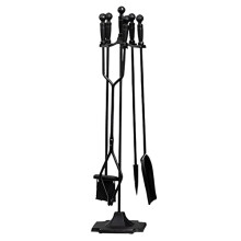 Black Cast Iron Fireplace Tool Set 5Piece with Stand, Ergonomic Orb Handles, HeatResistant