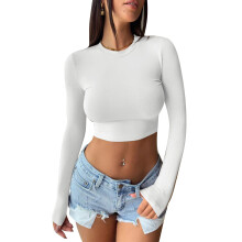 Maglietta corta aderente a girocollo basic da donna, top corto sexy a maniche lunghe in tessuto morbido ed elastico, abbinabile a giacca,