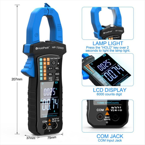 HoldPeak HP-7200D Digital Clamp Meter, TRMS 6000 Counts Multimeter 2