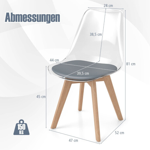 4-teiliges Set transparenter Esszimmerstühle mit Holzbeinen 1