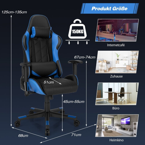Gaming Chair, Racing Style, Adjustable Recline, Blue 1
