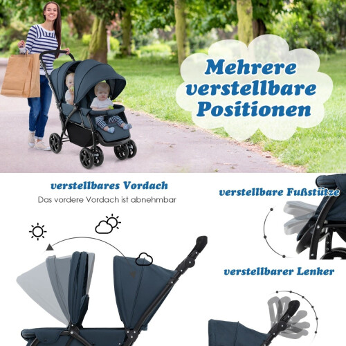Cochecito gemelo plegable, respaldo ajustable, capacidad de 30 kg 2
