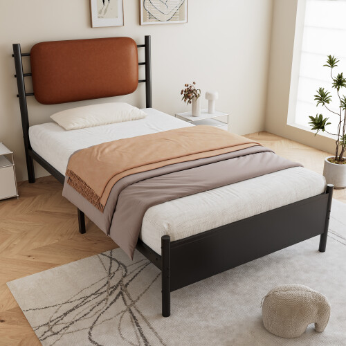 Metal bed, 3FT single bed 90x190cm, With a PU-upholstered headboard