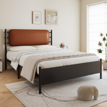 (Double) 4FT6 Metal Bed with PU-Upholstered Headboard, 135×190cm