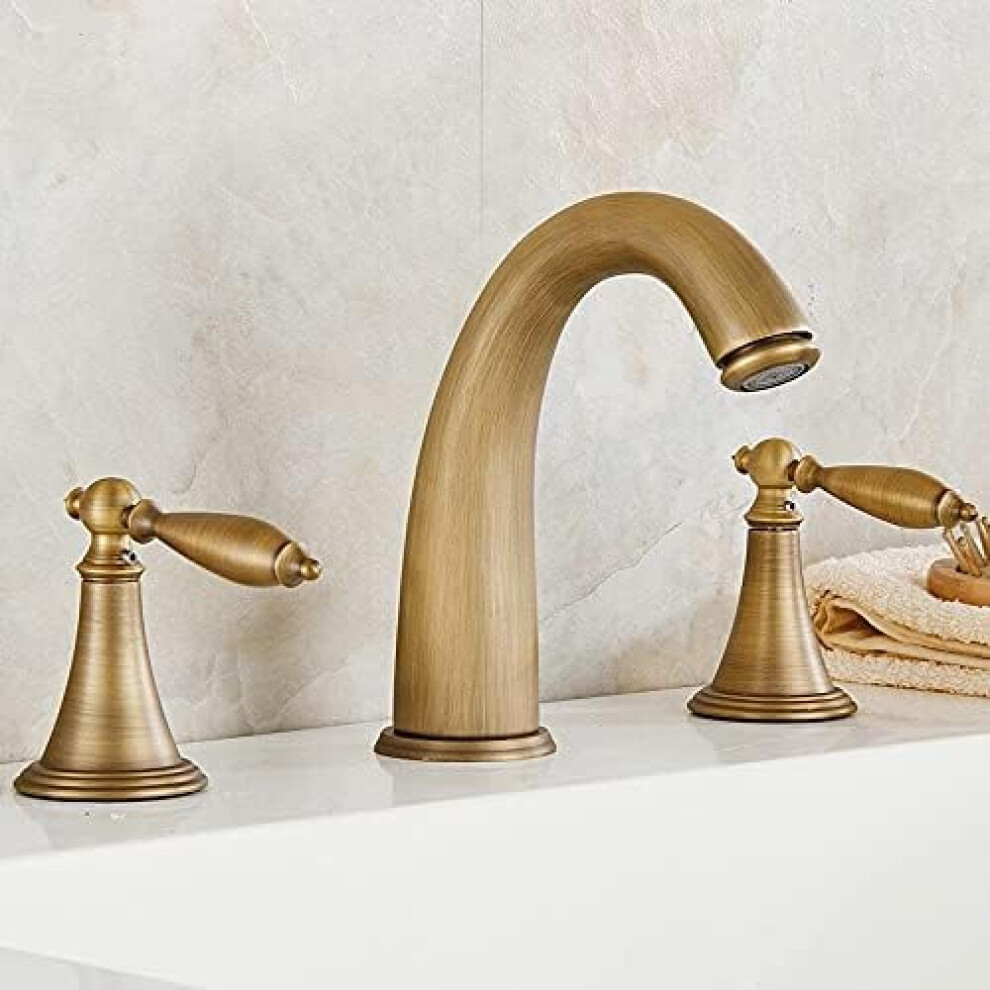 Antique Brass Basin Faucet Set Deck Mounted 3 Hole Dual Handle Bathtub Mixer Tap 9174973827085
