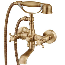 Gold Bathtub Shower Faucet Set with Dual Knobs Mixer Tap, Wall Mounted 360 Swivel Spout, Black Antique Brass
