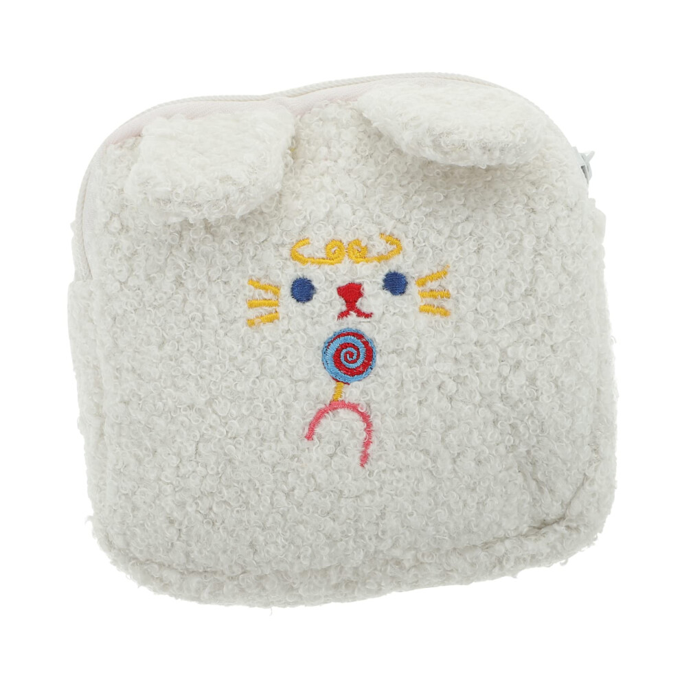 White Plush Cosmetic Bag With Cute Rabbit Design, Makeup Pouch With Zipper For Multiuse Storage
