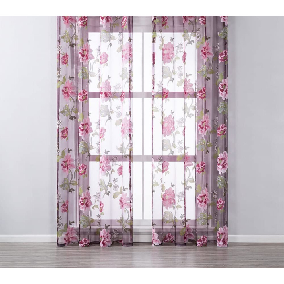 Sheer Curtains With Rod Pocket Peony Floral Voile For Kids Bedroom Living Room 100X84 Purple