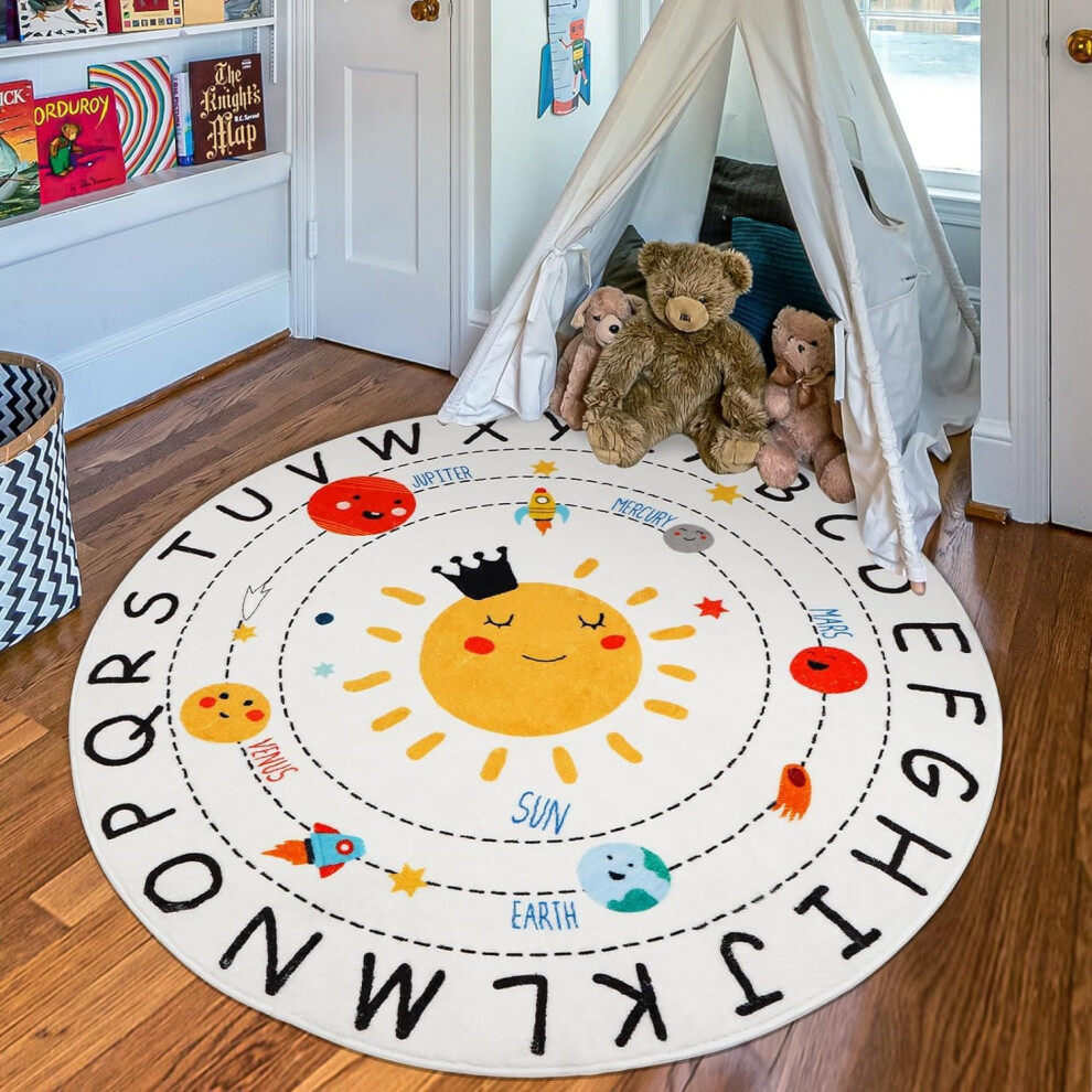 Round Alphabet Kids Play Rug with Solar System, Soft NonSlip Educational Nursery Carpet 47in