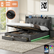 (King) 5FT Upholstered Velvet Hydraulic Bed Frame with Drawers Storage, Back Cushion Headboard and Charging Station