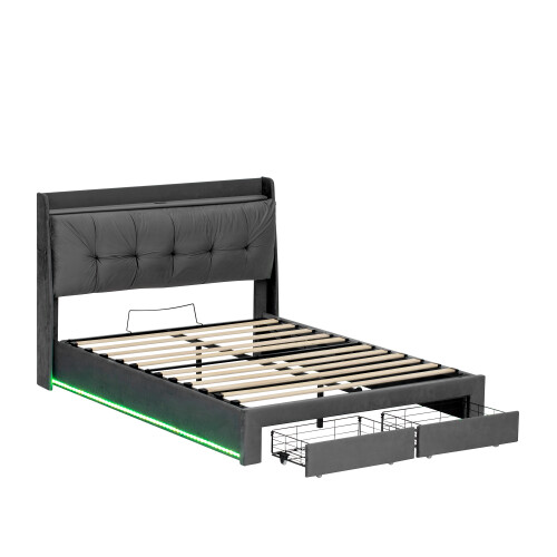 5ft King Upholstered Bed Frame with Hydraulic and Drawers Storage