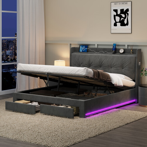 5ft King Upholstered Bed Frame with Hydraulic and Drawers Storage 1