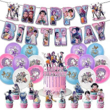 (Pink) Kpop Demon Hunters Birthday Theme Party Decorations Banner Cake Balloons For Kid A