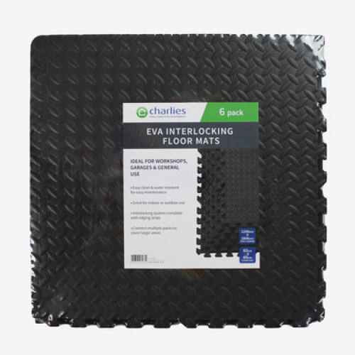 Charlies EVA Interlocking Floor Mats, Black - 6 Pack