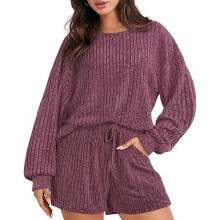 Casual Lounge Set For Women Long Sleeve Blouse And Shorts Matching Set With Stretchy Rib Fabric Soft Fabric Lounge Set Featuring Elastic Waist And