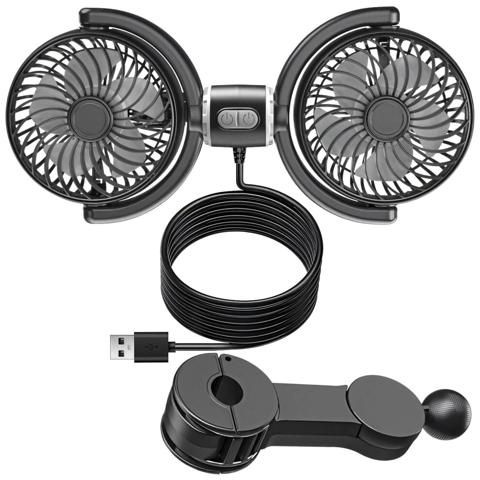 Dual Head Car Backseat Fan Usb Powered 3Speed 360 Rotation Quiet Cooling For Passenger 9164114628381